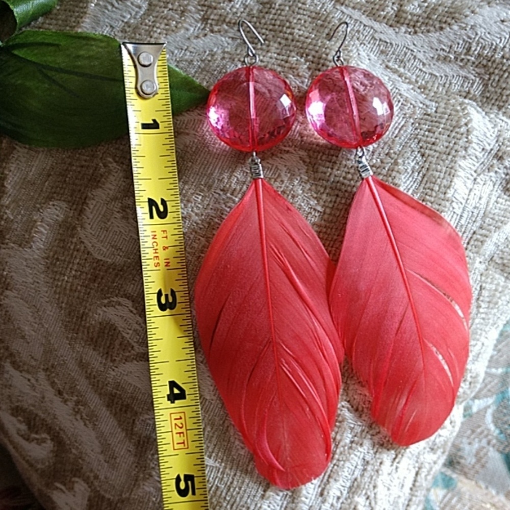 Feather Earrings Coral Gypsy Boho Dangling Bead Drop 5 inch drop Pierced Fashion - Picture 5 of 5